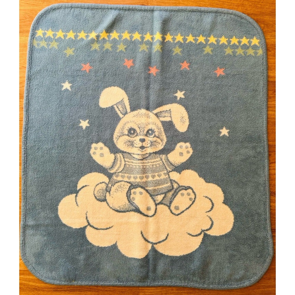 Vintage San Marcos Baby Blanket Bunny Rabbit Cloud Stars Reversible Blue & White